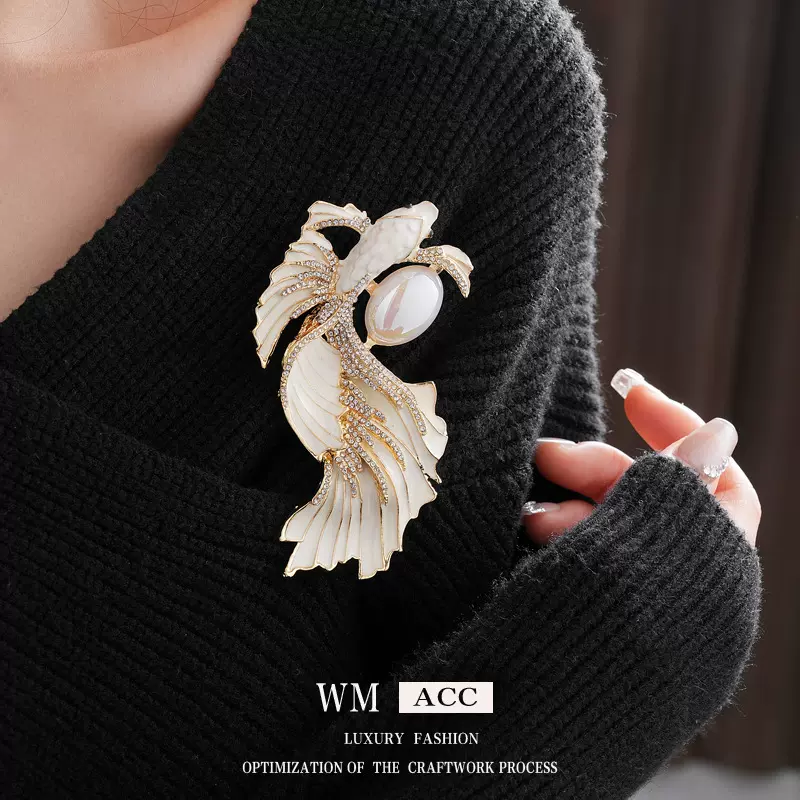 中古vintage金鱼胸针镶钻滴油复古轻奢别针胸花高级感礼服耳饰女