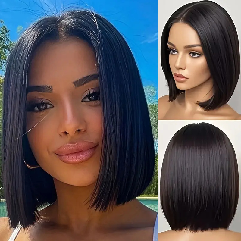 Cross-Border Wig 12inch Women's Black Bob Middle-Part Wig Elegant Straight High-Temperature Synthetic Fiber Wig