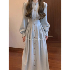 フランス式丸首単列ボタンシャツワンピース女子初春新作優しい風気質名媛高級感ロングスカート