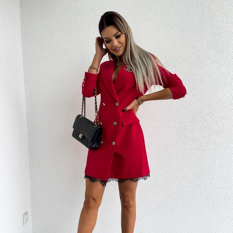 Fashion Red Double-breasted Lace Suit Dress