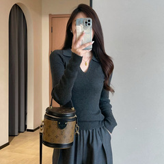 超羊毛混纺翻领针织衫高弹修身显瘦打底衫女2025秋冬