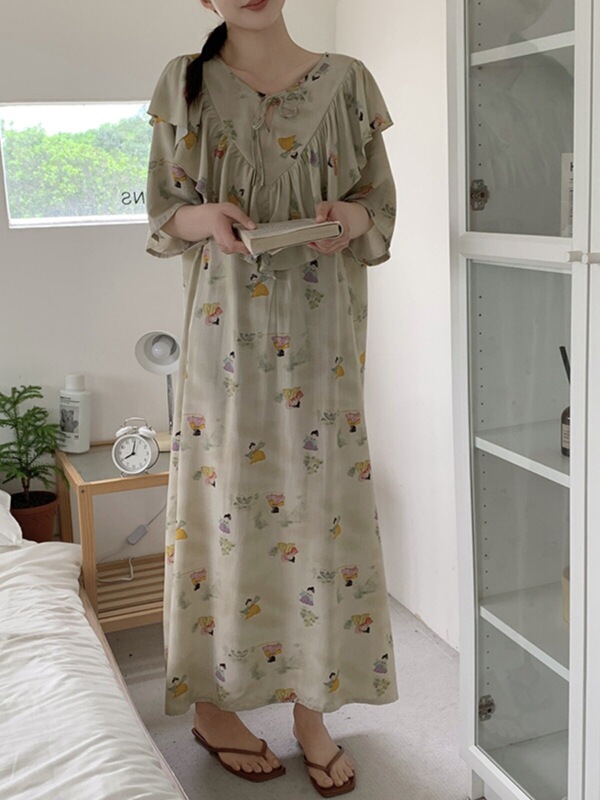 New Year's New Cotton Silk Women's Nightgown, Short-Sleeved, Anti-Bump Long Dress, Ankle-Length Dress for Tall People, Nightgown New Year's New Cotton Silk Women's Nightgown, Short-Sleeved, Anti-Bump Long Dress, Ankle-Length Dress for Tall People, Nightgown