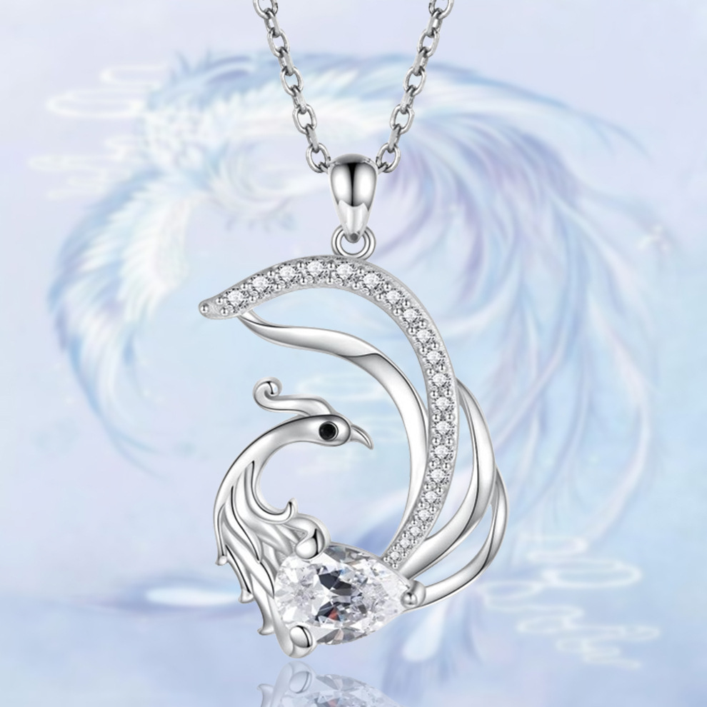 Vendita calda semplice e bella collana con ciondolo elegante a forma di fenice in cristallo bianco, gioielli da donna alla moda_voghion.com
