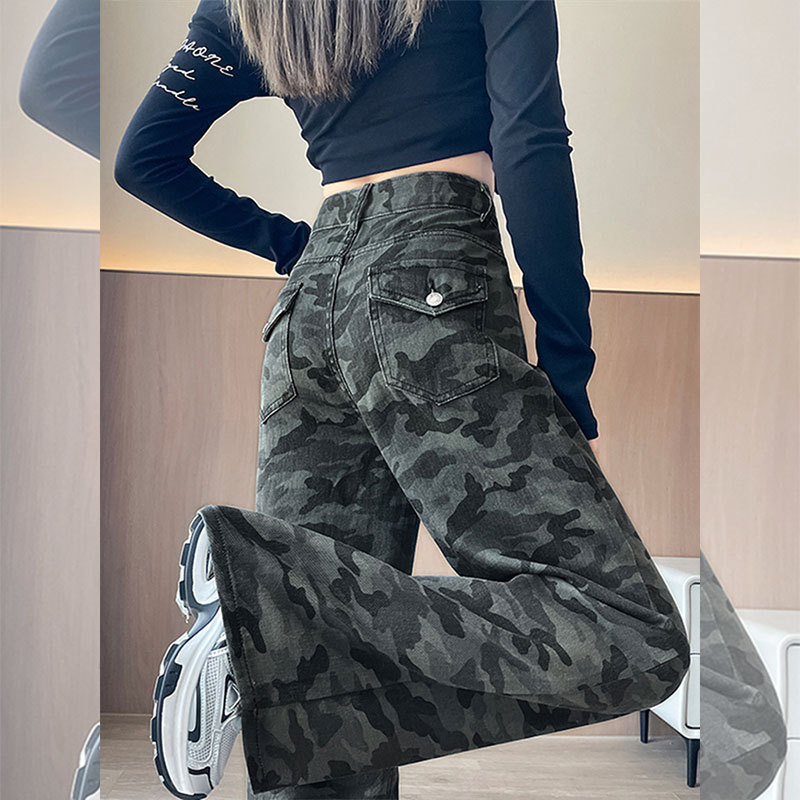 Petite American-Style Plus-Size High-Waisted Wide-Leg Camouflage Jeans for Spring and Summer, Loose-Fitting Slimming Straight-Leg Pants for Women with Pear-Shaped Body Shape