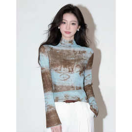 氛围感油画扎染网纱长袖T恤女弹力收腰薄透视夏日出游防晒小上衣