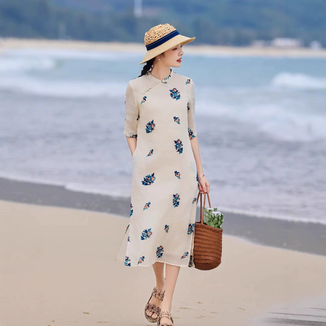 2025 весна и лето новый рами вышитая женская одежда путешествия литературный воротник средний рукав платье средней длиной женский