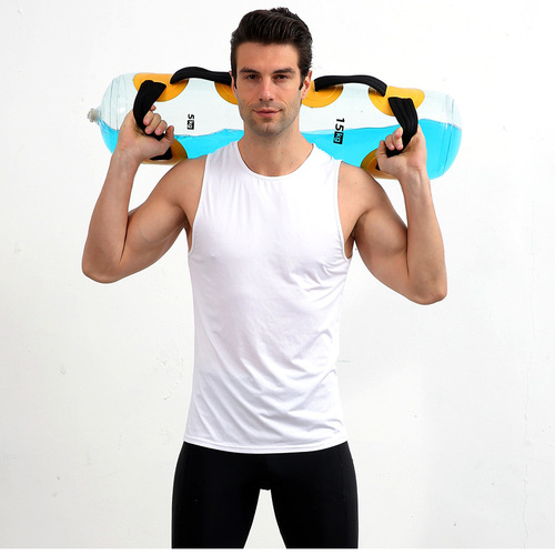 Squat with hip lift fitness weighted water bag energy pack fitness training core strength personal trainer adjustable weight