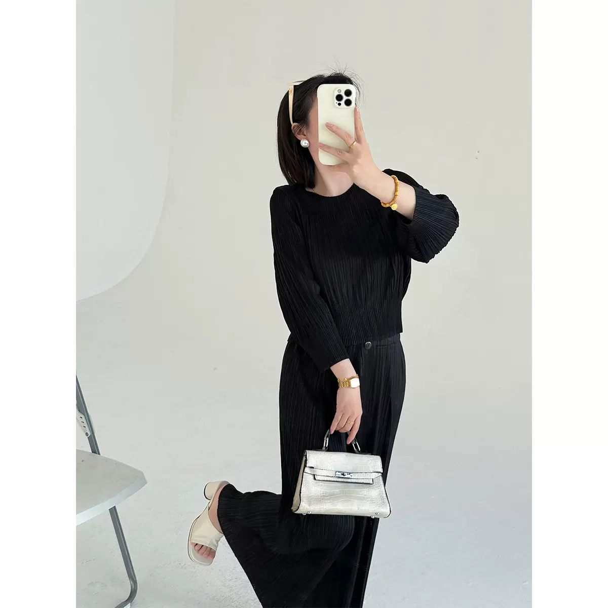 三宅2026新款专柜品质高端褶皱T恤女收腰显瘦百搭阔腿裤时尚套装