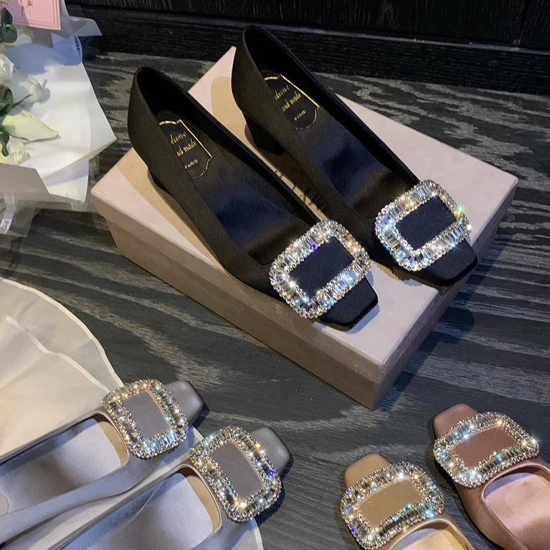 RV High Heels Women's 2024 New Black Satin Square Head Thick Heel Leather High Heels Women's Rhinestone Square Buckle Single-layer Shoes for Women