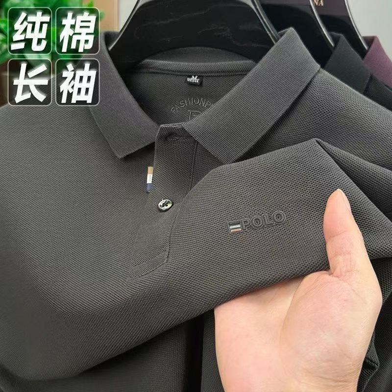 厂家秋季新款100纯棉长袖polo衫男中年商务休闲宽松印花翻领T恤男|undefined