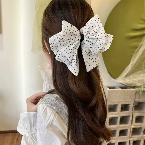 White ponytail with bow, crab pin