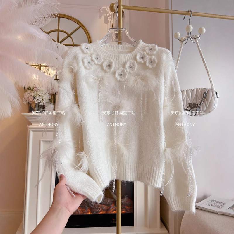 Taiwanese Feather Beaded Knitwear Women's Gentle Style Sweet Loose Pullover Long-Sleeved Stereo Flower Knitwear