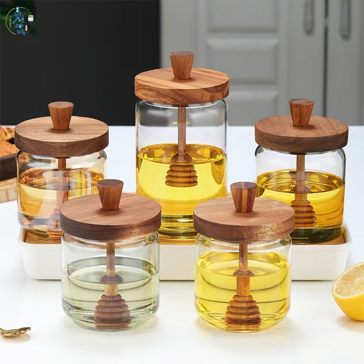 Tanque de almacenamiento de madera de acacia, tanque de miel, barra de mezcla transparente con tapa de borosilicato, tanque de vidrio sellado de almacenamiento de cocina