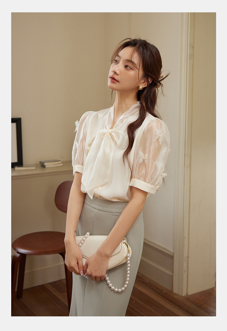起范 夏款气质轻熟风蝴蝶结衬衫女短袖小众设计钉珠法式衬衣82302 pic 15