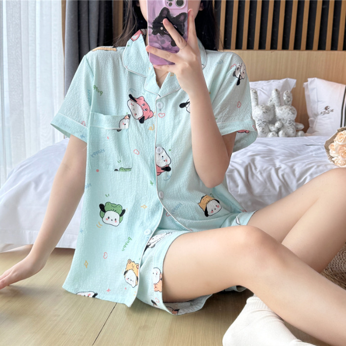 睡衣女夏季梭织泡泡棉皱布ins公主风可爱短袖夏天薄款家居服套装|undefined