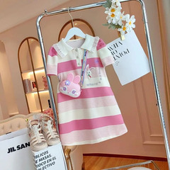 Women's Summer 2024 New KOREAN Style Children's Polo Dress with Stripes for Girls Short Sleeve Casual Skirt
