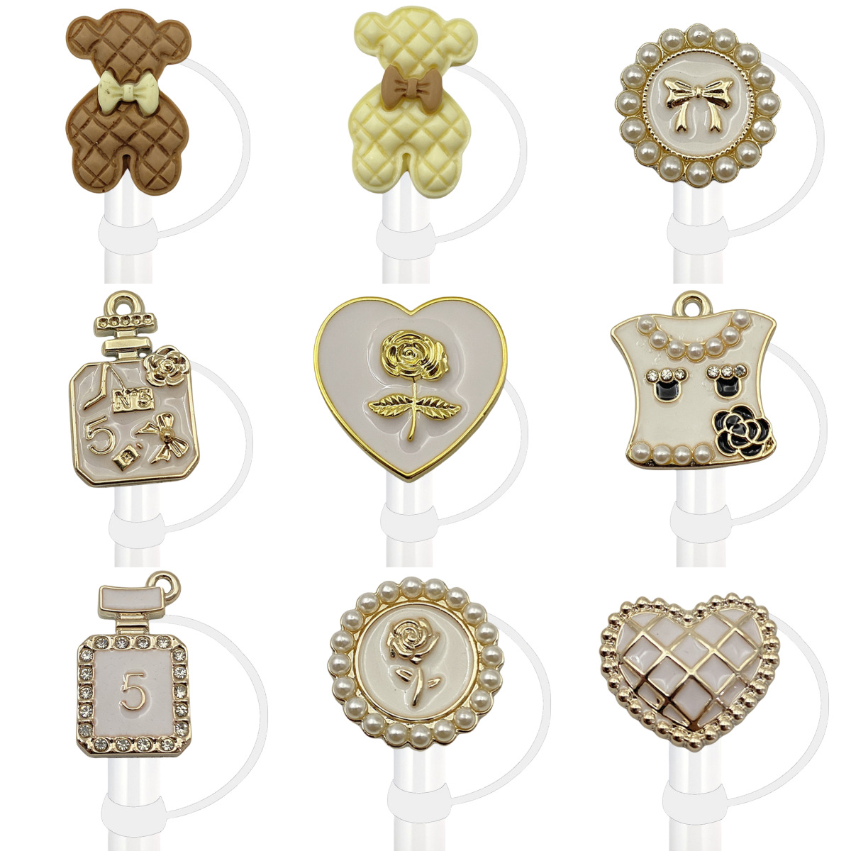 小熊愛心笑臉鑲鑽飾品吸管帽水杯配件裝飾品防塵塞diy硅膠吸管套