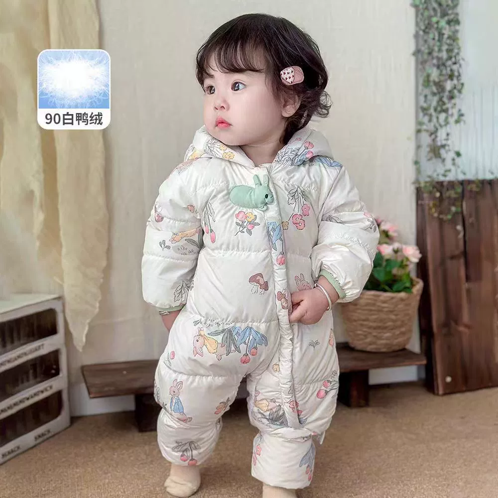 [Может обернуть ноги] Детское пуховое комбинезон Детское зимнее ползание платье