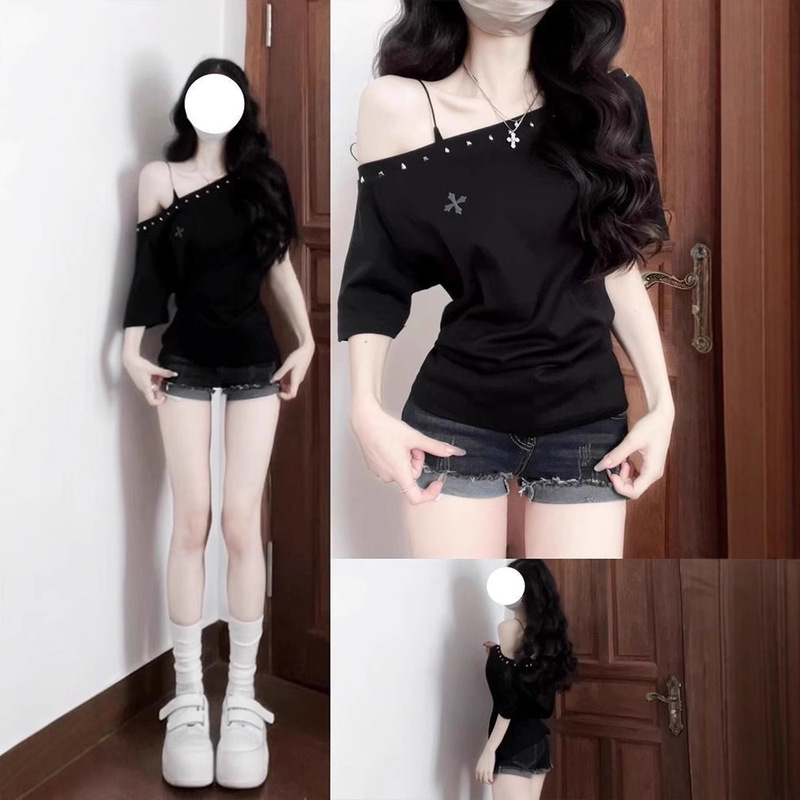 Black Slant Shoulder Stud Craft Short-sleeved T-shirt Women's 2025 Summer Slim-fit Slimming Shoulder Short Top