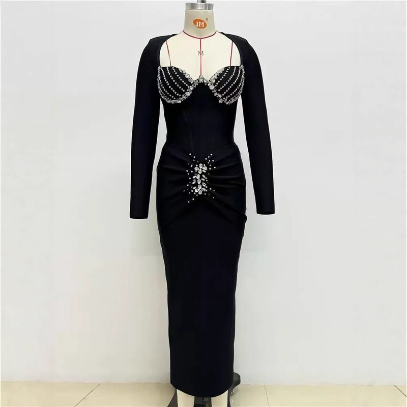 2025 European and American Autumn and Winter Sexy Long-Sleeved Bandage Hip Dress High-End Banquet Evening Dress Factory Ready Stock Direct Delivery
