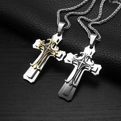 Cross-border personality domineering three-layer cross pendant punk hip-hop European and American long trendy men's titanium steel necklace
