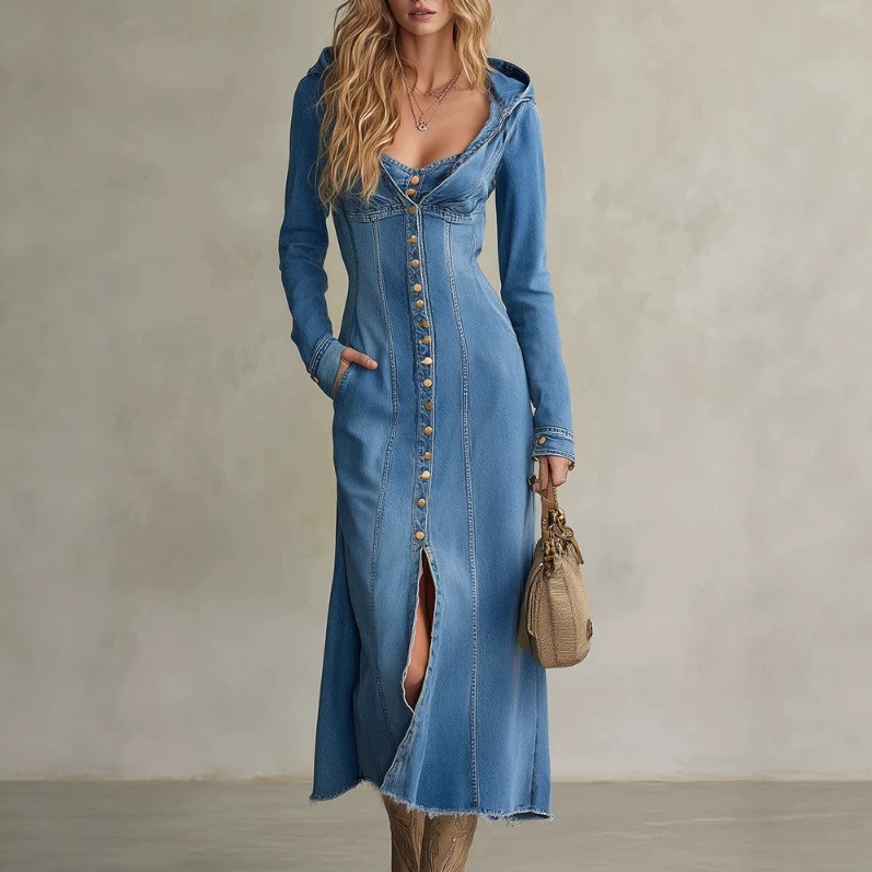European and American cross-border independent station retro casual Western-style faux two-piece hooded button-up slit denim dress