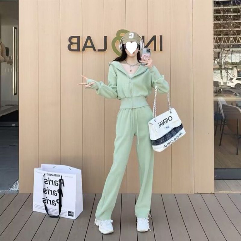 秋冬季运动服港风显高搭配套装纯色连帽薄款卫衣跑步服两件套女潮|undefined