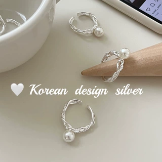 新款日系韩版小众亮银手饰品 S925纯银 线条缠绕珍珠戒指温柔气质
