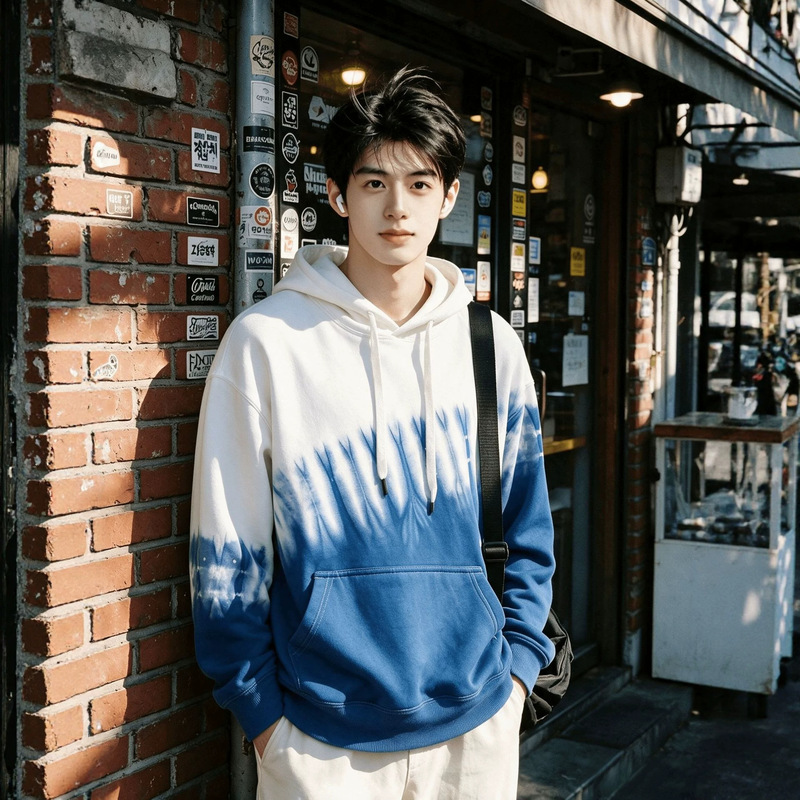 Yunnan Handmade Tie-Dye Men's Black Corduroy Hooded Sweatshirt, Loose Fit, Pure Cotton, Trendy Youth Top for Spring and Autumn