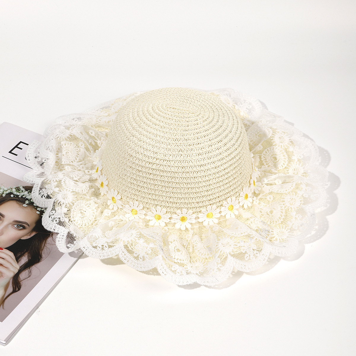 Sombrero de paja de viaje de verano flor sombrero de playa protección solar sombrero de sol ala grande paja tejida a mano arco sombrero de sol