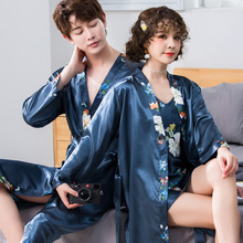 春秋季睡袍薄款情侣浴袍丝绸睡衣女睡裙夏季男长袖冰丝晨袍家居服