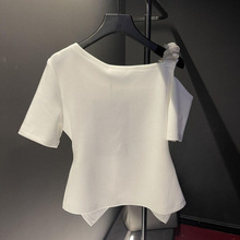 夏季新款法式纯欲镂空露肩短袖T恤女洋气高级百搭不规则收腰上衣