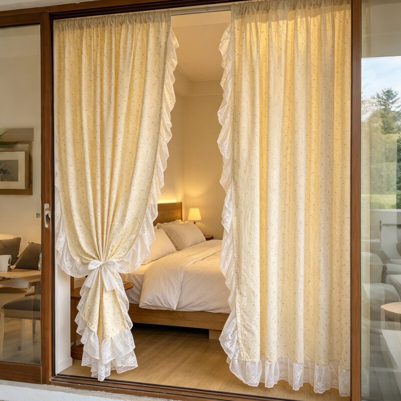 Cross-Border Pastoral Style Fresh Yellow Daisy Ruffled Curtains Sunshade Bay Window Curtains Bedroom Living Room Cabinet