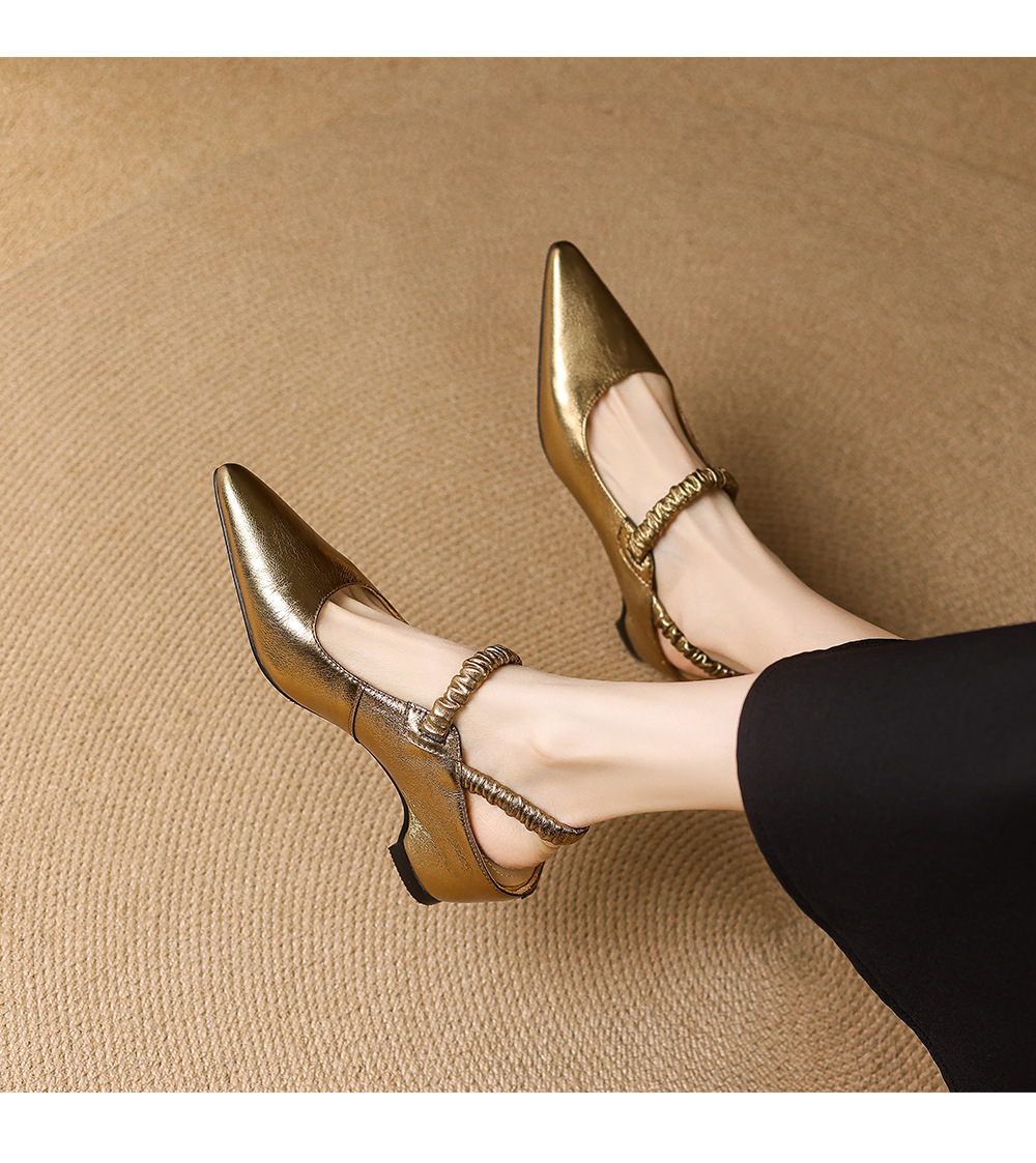 Sandal cao gót nữ mũi nhọn bít mũi da cừu kiểu Pháp, gót cao 9 cm — Màu vàng chi tiết 7