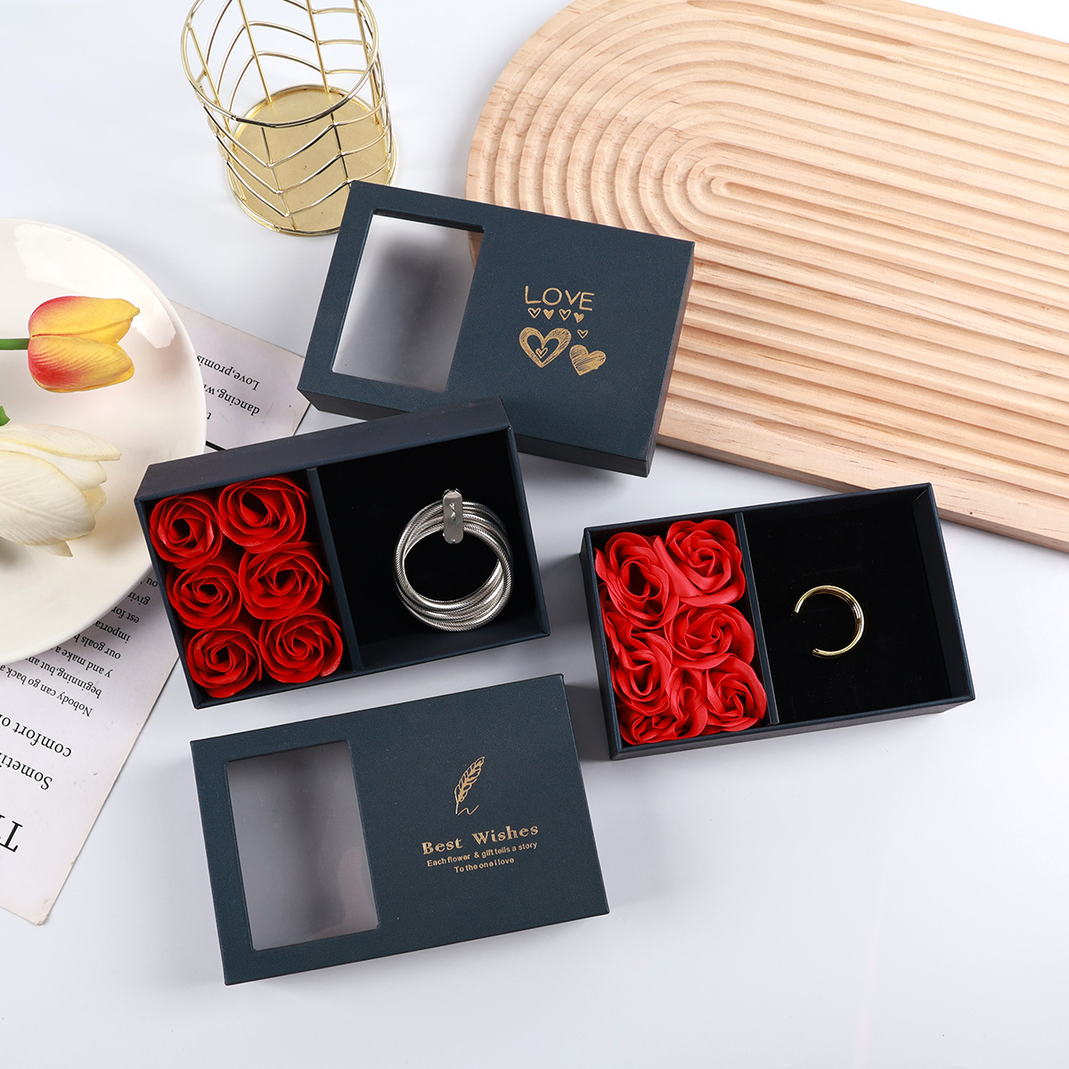 情人节首饰盒六朵玫瑰花礼品盒戒指吊坠手镯盒天地盖永生花饰品盒