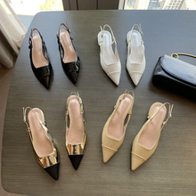 葡萄妈春夏新款尖头浅口后空平粗跟凉鞋女夏