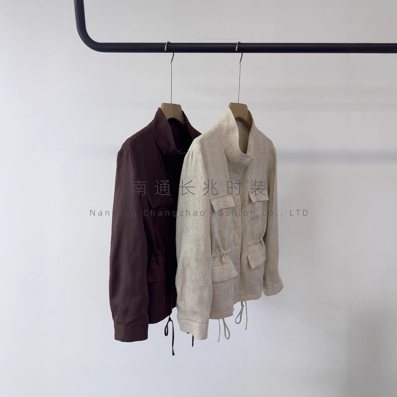 100% Linen Stand-Collar Jacket for Women, High-Weight, Mid-Length, Loose Fit, Casual Trench Coat with Multiple Pockets, Hunting-Style Outerwear