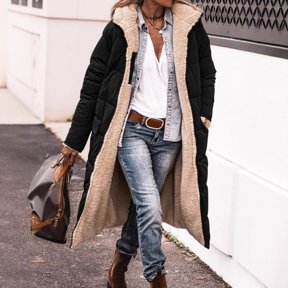 2025新款女装棉服欧美多色多码连帽双面穿时尚通勤加长款大衣外套