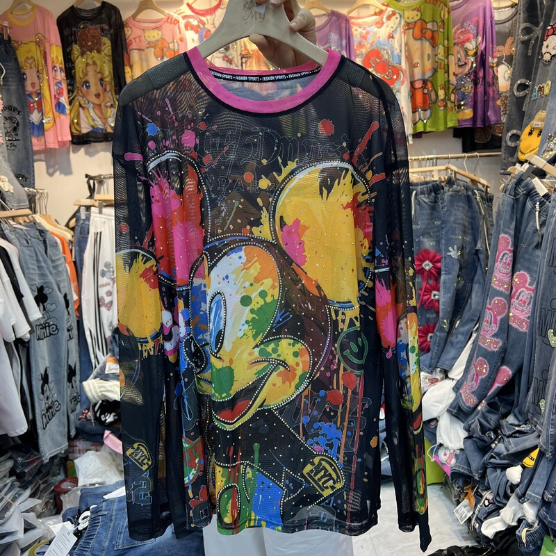 Fashionable Printed Rhinestone Mesh Round Neck Long-Sleeve Top, Women's Base Shirt, New Summer Loose Beach Long-Sleeve Shirt Fashionable Printed Rhinestone Mesh Round Neck Long-Sleeve Top, Women's Base Shirt, New Summer Loose Beach Long-Sleeve Shirt