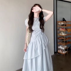 法式蓝色短袖衬衫连衣裙子女2025新款夏季气质设计感不规则蛋糕裙