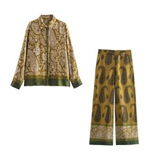 女装外贸秋季新款宽松印花新中式长袖翻领衬衫上衣休闲长裤套装