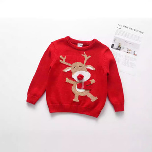2025 New Autumn and Winter Kidsren's Christmas Knitwear European and American Inner Grids Pullover Cartoon Jacquard Round Neck Knitwear Cross-Border