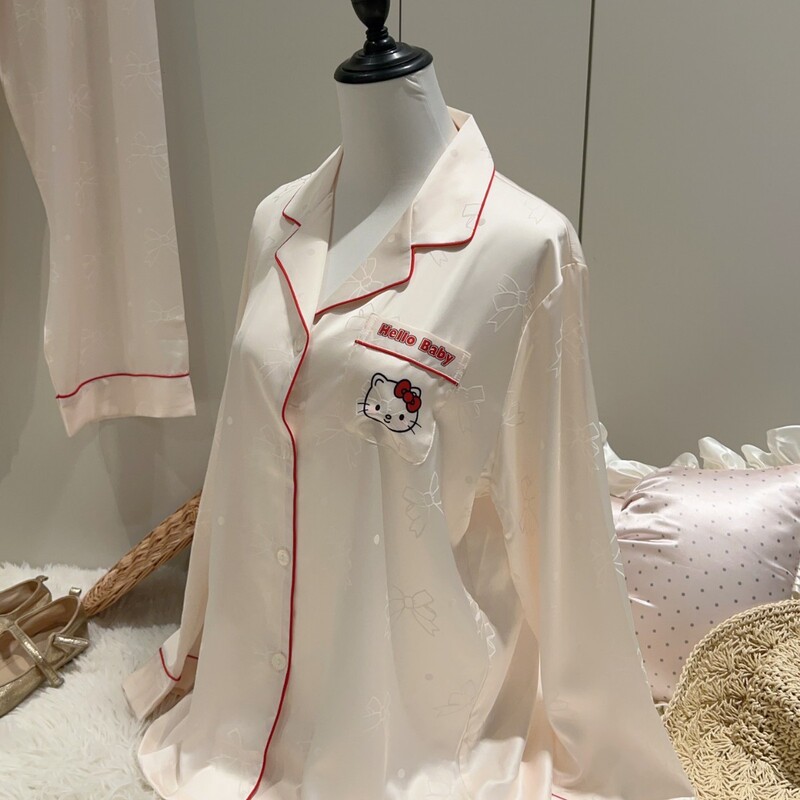 Women's Summer Pajamas, Women's Ice Silk Pajamas, Home Wear, Ins-Style Kt Cat Light Beige Jacquard Three-Piece Pajama Set for Women