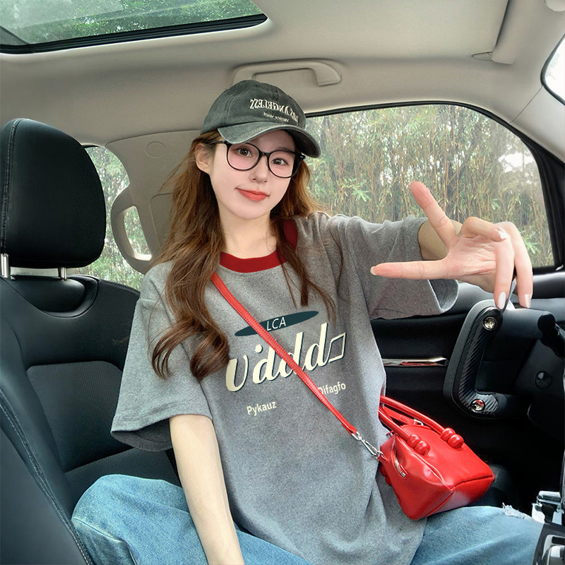 2025超ホットコントラストカラーラウンドネックピュアコットンTシャツレディースシックな香港風レター年齢軽減大型バージョンゆったりお腹カバートップ|undefined