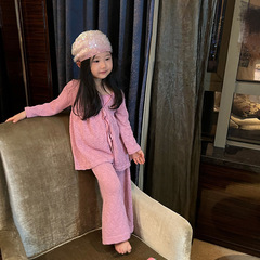 2023 Autumn New Children's Knit Set of Three Children's Home Clothes for Girls with Belted Open Top and Knotted Wide Leg Pants Korean Style