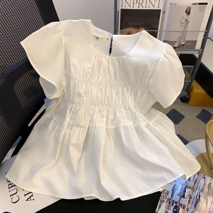 2025 New Cute Solid Color Short Sleeve Shirt Fresh Sweet Belly Cover Slimming All-match Good-looking Top