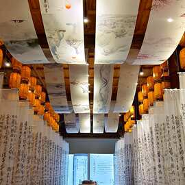 古风古典水墨帷幔山水天幕挂布网红餐饮氛围感纱幔室内吊顶装饰