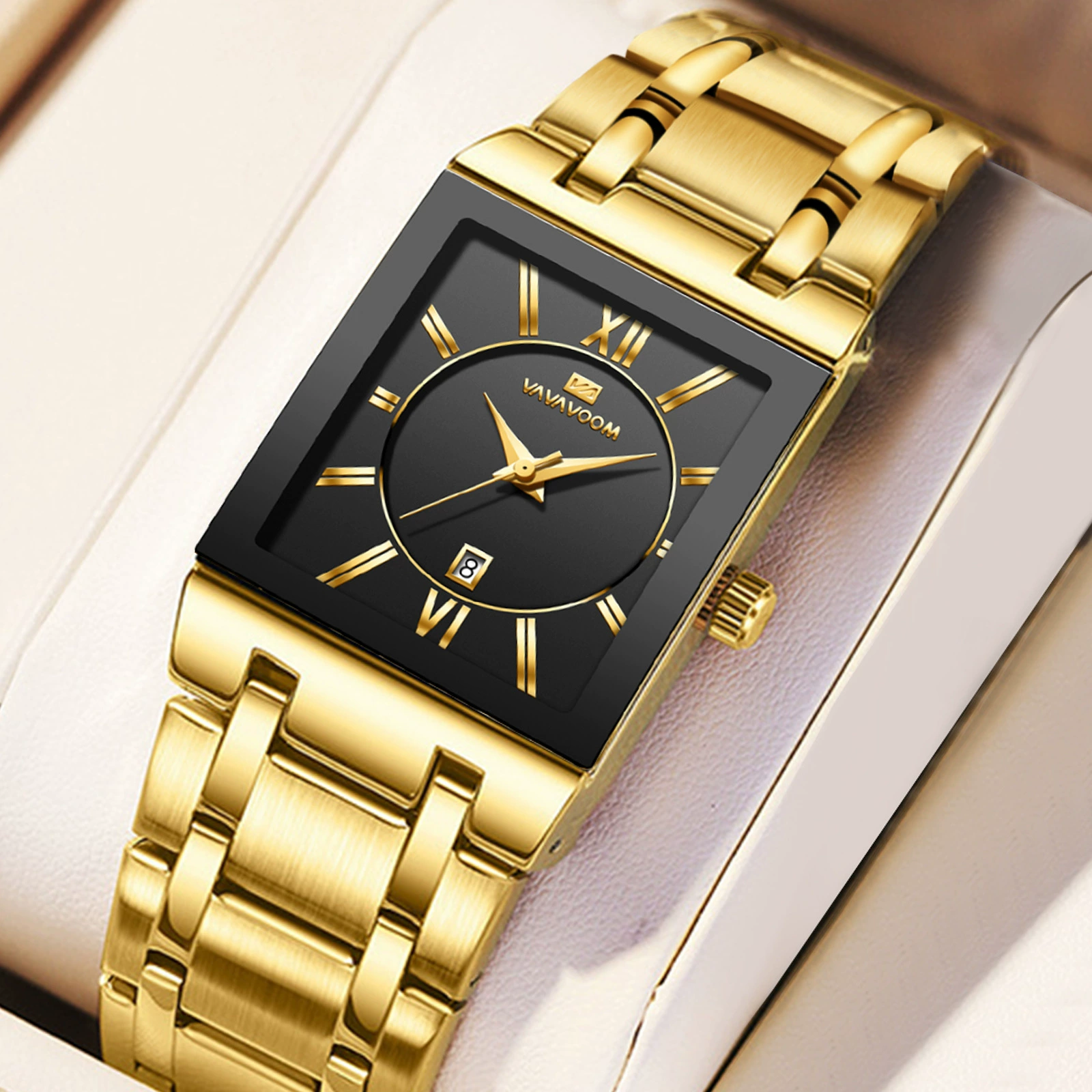 (Cross-border trading), rectangular steel belt stainless steel, golden watch, quartz calendar, waterproof dial, wholesale