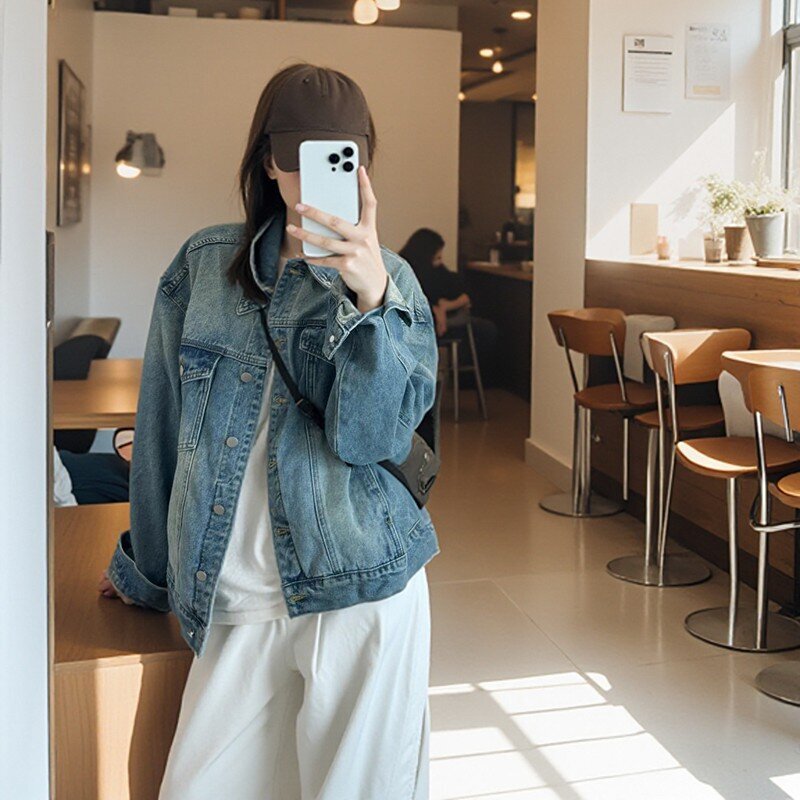 Korean Style Vintage Wearing Washed Old Denim Coat Women's 2025 Spring New Loose Casual Jacket Top