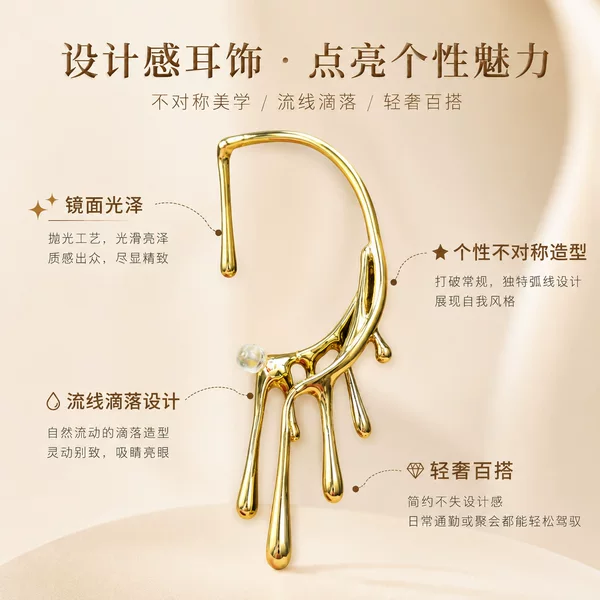 New popular European and American product: Exaggerated wax-drip personalized trendy lava ear cuffs, vintage stud earrings, high-quality women's earrings